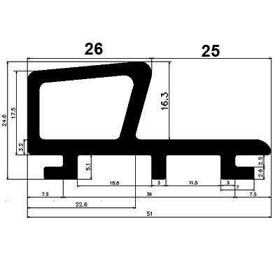 FN G558 51×24,6 mm - EPDM-Gummi-Profile - Fahnenprofile bzw. P-Profile